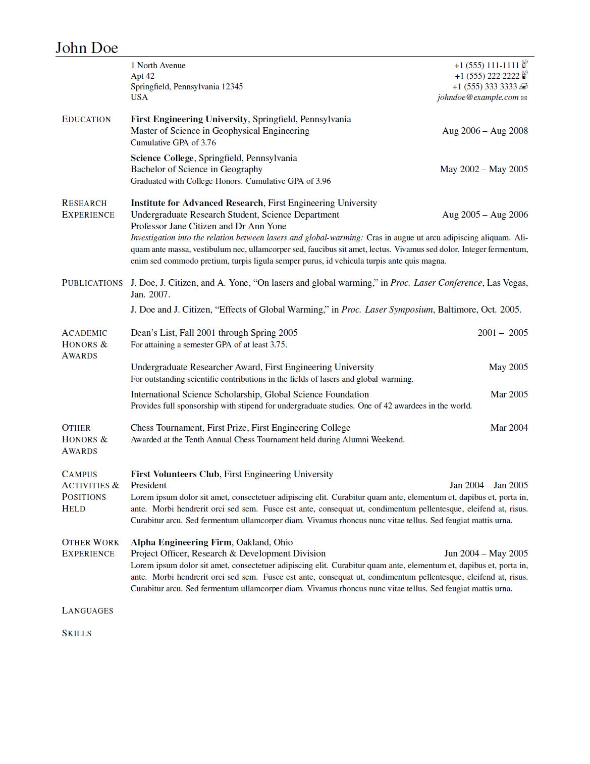 LaTeX resume document sample